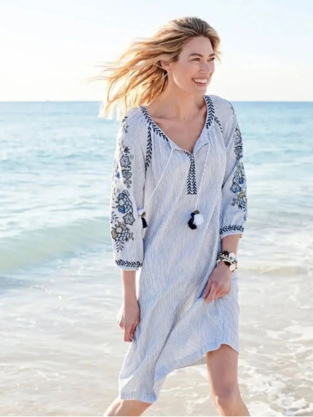 J Jill Ocean Breeze Striped Embroidered Beach Western Dress in Blue and White